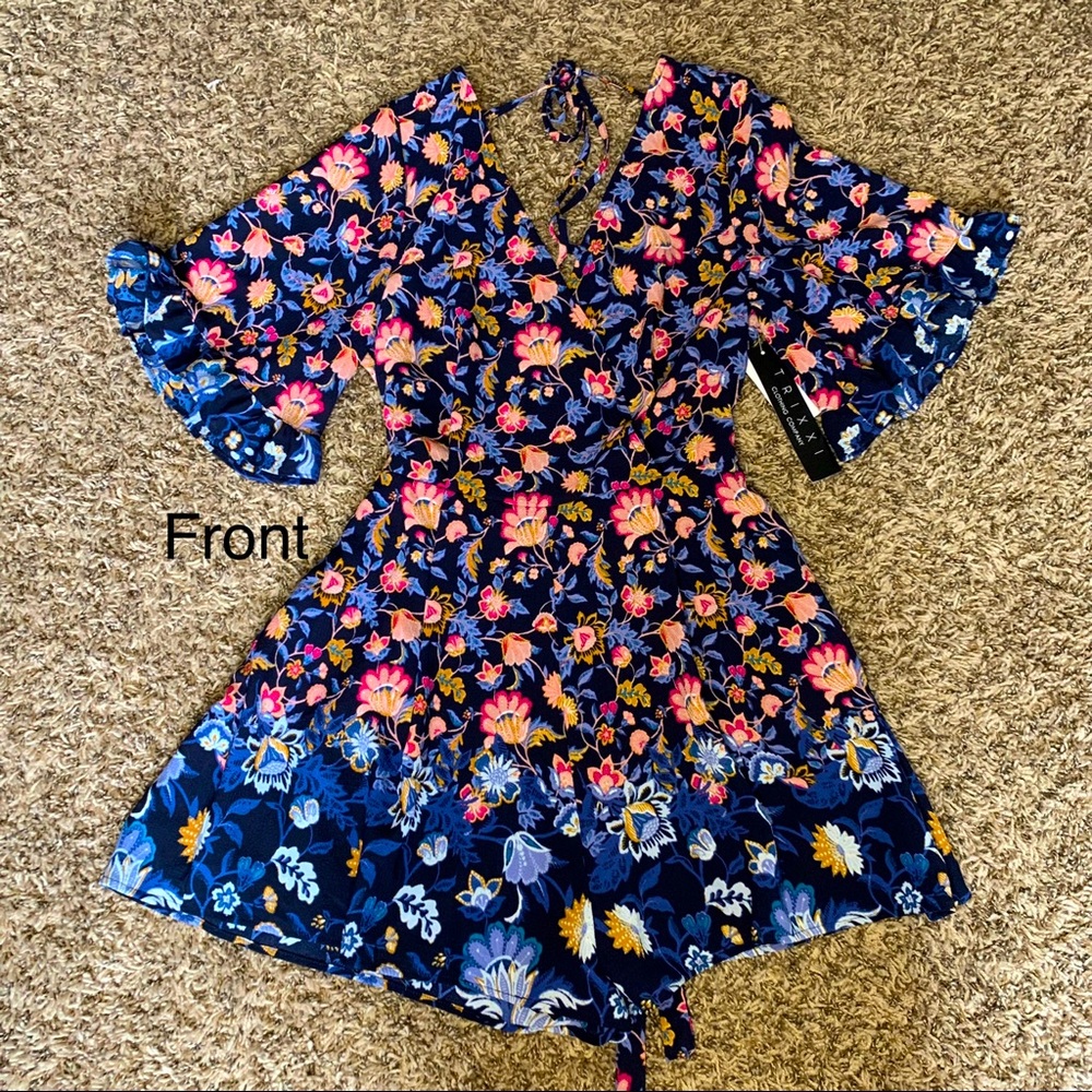 Trixxi Navy Floral Romper Mock Wrap Ruffle Sleeves